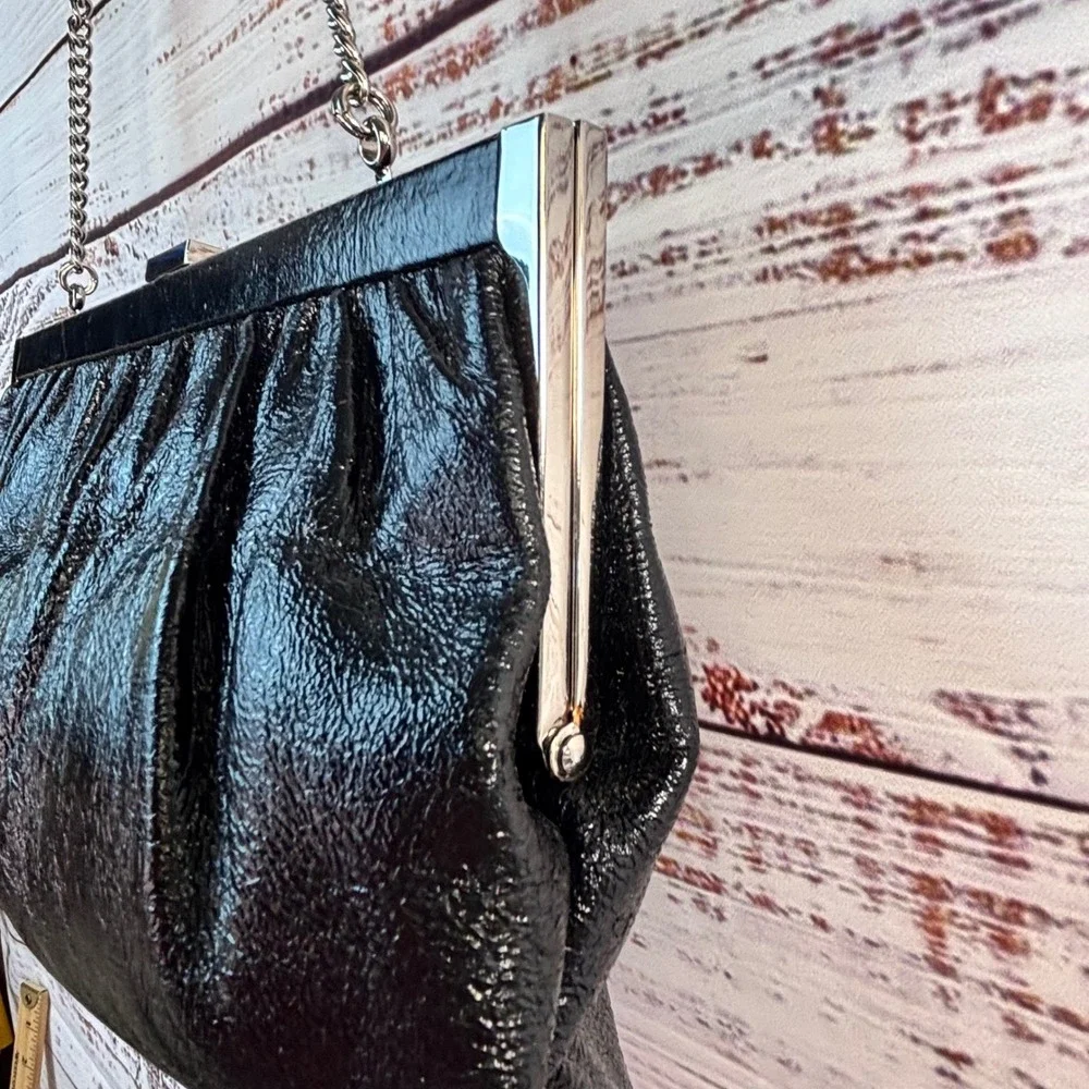 Vintage Talbots Black‎ Leather Gathered Frame Clutch Bag Silver Chain Strap